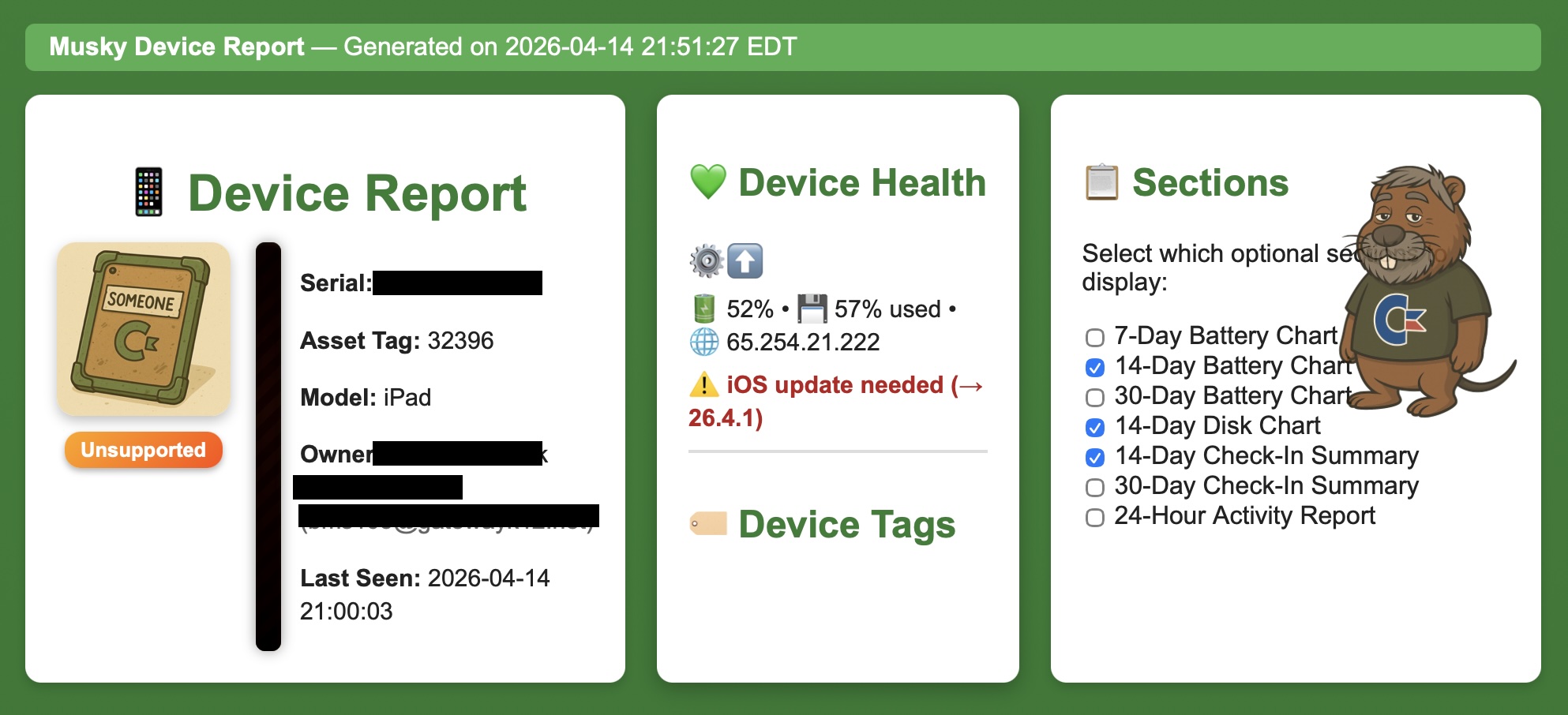 Musky Device Report Header